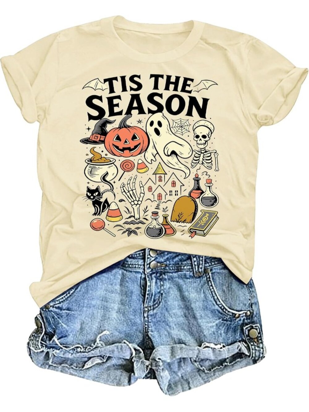 🆕 Womens Tis The Season Halloween Beige Graphic Tee Short Sleeve Casual Tee